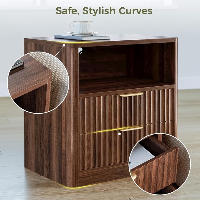IRONCK Fluted Night Stand Set of 2, Modern Nightstand with Charging Station, Drawers and Open Shelves - Bedside Table Wood Side Table Set for Bedroom, Walnut