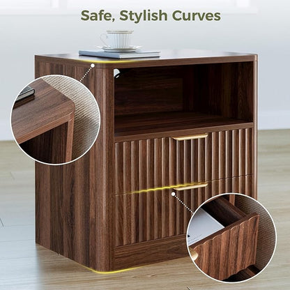 IRONCK Fluted Night Stand Set of 2, Modern Nightstand with Charging Station, Drawers and Open Shelves - Bedside Table Wood Side Table Set for Bedroom, Walnut