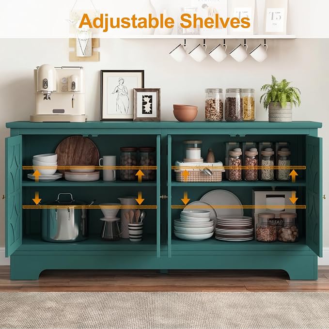 RoyalCraft Sideboard Buffet Cabinet with Storage, 56" Modern Sideboard with 4 Carved Doors, Large Wood Coffee Bar Console Table for Kitchen, Dining Room, Entryway, Living Room, Turquoise Blue