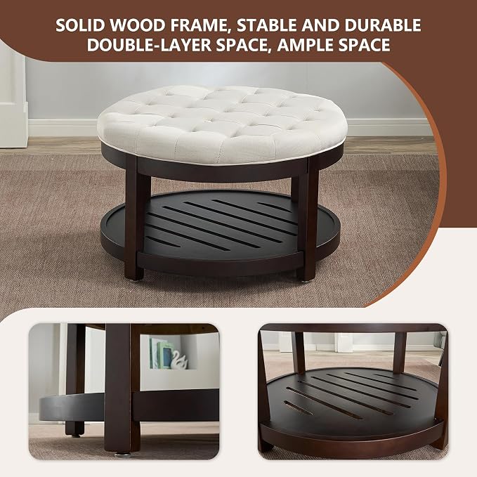 adochr Round Coffee Tables for Living Room,33’’ Storage Ottoman with Wooden Tray, Upholstered Ottoman Footrest, Beige