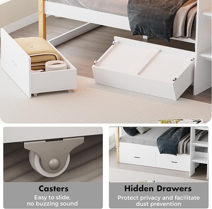 Wooden Full Over Full Bunk Bed with Desk, Convertible Solid Wood Frame with LED Lights, Built-in Outlets, Ladders and Rolling Drawers, Sturdy Wood Bunk Bed High Weight Capacity, Space-Saving