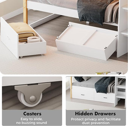Wooden Full Over Full Bunk Bed with Desk, Convertible Solid Wood Frame with LED Lights, Built-in Outlets, Ladders and Rolling Drawers, Sturdy Wood Bunk Bed High Weight Capacity, Space-Saving