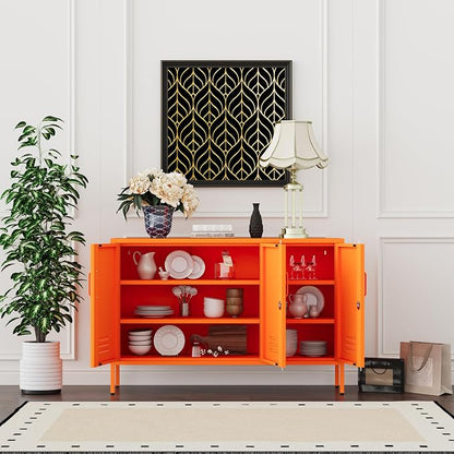 Metal Storage Cabinet with Lock and Adjustable Shelves, Freestanding Pantry Cabinet, Durable Metal 3-Door Storage Sideboard for Home Office Kitchen Orange 32" H X 47.3" W X 13.8" D