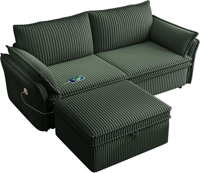 85'' Sofa Bed Full Size, Tool-Free Assembly, 3 in 1 Convertable Sleeper Sofa, Corduroy Couches with Pull Out Bed, USB & Storage, Modern Loveseat for Small Space, Living Room, Corduroy Green