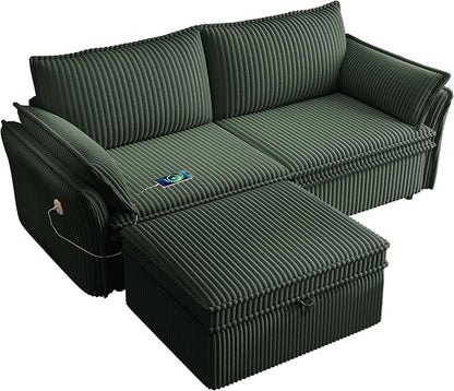 85'' Sofa Bed Full Size, Tool-Free Assembly, 3 in 1 Convertable Sleeper Sofa, Corduroy Couches with Pull Out Bed, USB & Storage, Modern Loveseat for Small Space, Living Room, Corduroy Green