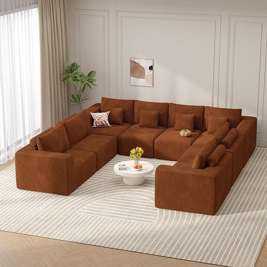 Modern U Shaped Modular Sectional Sofa, Convertible Oversized Cloud Couches for Living Room, Comfy 8 Seater Corduroy Boneless Couch Sofa Set, No Assembly Required, Beige 1 PCS