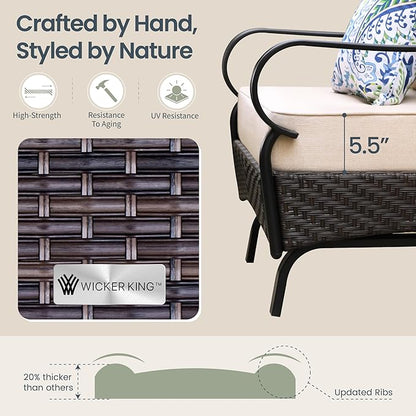 PHI VILLA Wicker & Metal Outdoor 2-Seat Patio Couch,Patio Sofa Loveseat with Deep Seating for Front Porch, Deck, Balcony, Backyard, Sunroom