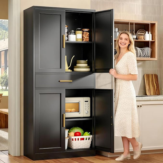 71” Tall Kitchen Pantry Cabinet, Metal Storage Cabinet with 1 Drawer and 2 Adjustable Shelves for Kitchen, Living Room, Laundry Room