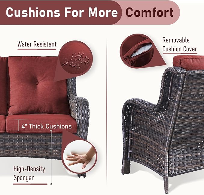 Outdoor Patio Furniture - 3 Seater Outdoor Rattan Wicker Sofa Patio Couch with Ottoman for Porch Deck Garden Backyard - Brown/Red