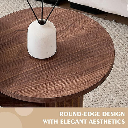 Round Side Tables Set of 3, Circle Modern Fluted Nesting Coffee Table, Accent End Table Set for Living Room and Bedroom, Brown