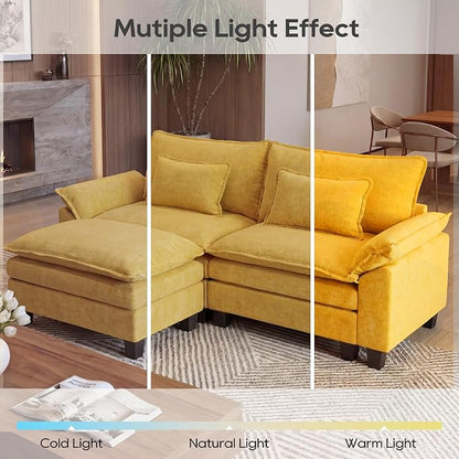 URRED Oversized Modular Sectional Sofa, 87" L Shaped Modern Comfy Cloud Couch with Movable Ottoman & Pillows, Deep Seat Couches for Living Room, Bedroom or Apartment (Chenille Yellow, 87" L Shaped)