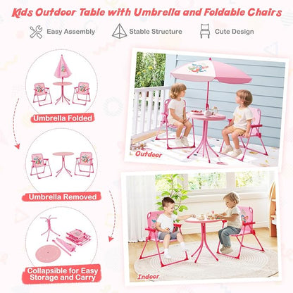HONEY JOY Kids Picnic Table, Animal Themed Toddler Outdoor Table and Chair Set, 2 Folding Chairs & Removable Umbrella, Children Outdoor Furniture for Backyard Patio Garden (Pink Mermaid)