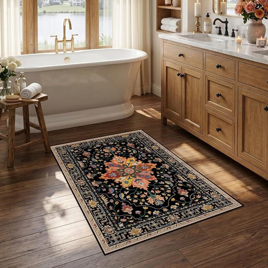 RELEANY Area Rugs Small 2'6"x4' Washable Non-Slip, Floral Vintage Distress Medallion Carpet for Kitchen Entryway Bathroom, Black Colorful Floral Dark Tan