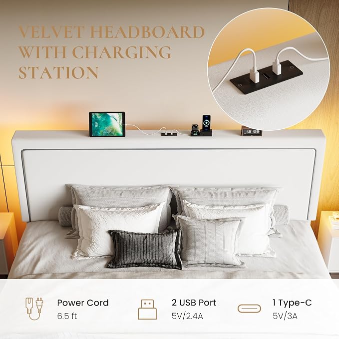 SHA CERLIN King Size Hydraulic Lift-Up Storage Platform Bed Frame with Charging Station, RGB LED Lights, Adjustable Velvet Headboard, USB-A and USB-C Ports, No Box Spring Needed, White