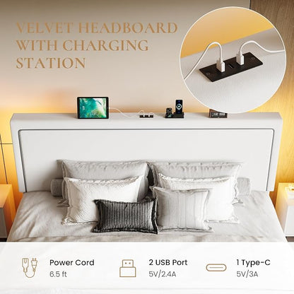 SHA CERLIN King Size Hydraulic Lift-Up Storage Platform Bed Frame with Charging Station, RGB LED Lights, Adjustable Velvet Headboard, USB-A and USB-C Ports, No Box Spring Needed, White