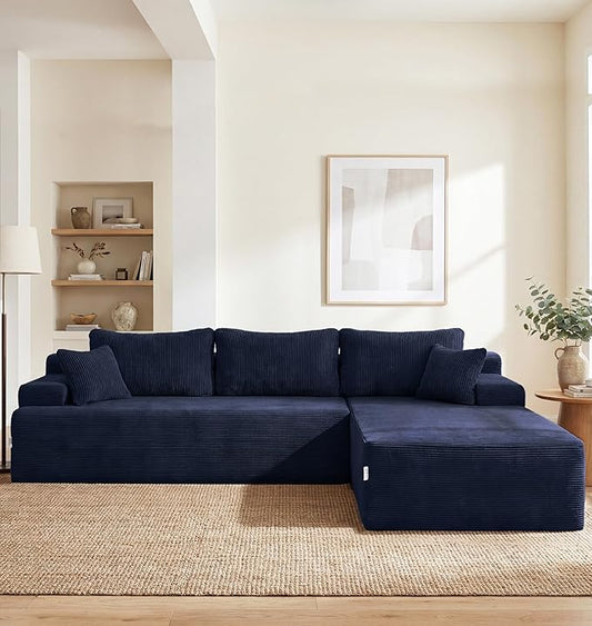 Hobestluk Modular Sectional Sofa Couches L-Shape Couch 3 Seat Modular Sofa Memory Foam Sectional Couches for Living Room, Cloud Couch with Oversized Chaise (Blue Corduroy, 108", Right Hand Facing)