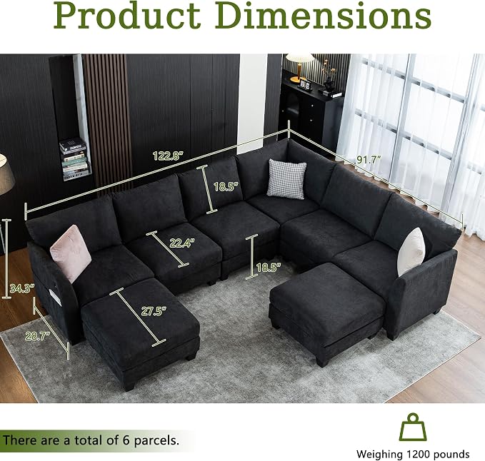 122.8" Large Sectional Couches for Living Room, 6 Seater L Shaped Modular Sectional Sofa with Two Storage Ottomans & USB, Oversized Corner Couch for Living Room（Black）