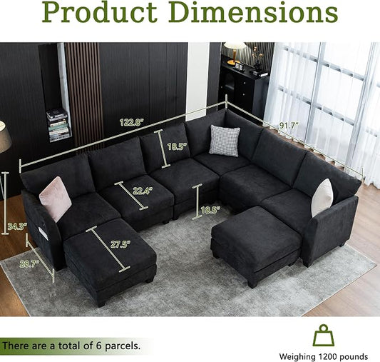 122.8" Large Sectional Couches for Living Room, 6 Seater L Shaped Modular Sectional Sofa with Two Storage Ottomans & USB, Oversized Corner Couch for Living Room（Black）