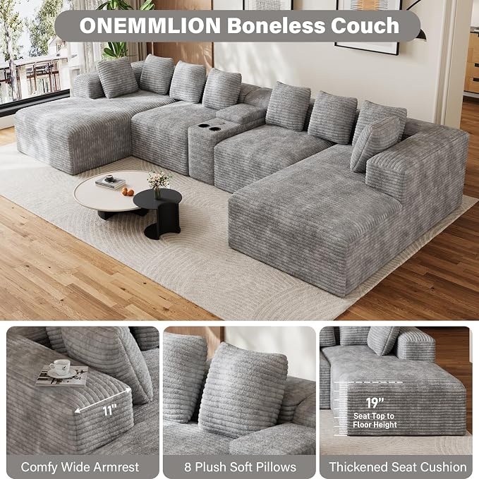 143" Oversized U Shaped Cloud Sectional Couches for Living Room, Comfy Fluffy Corduroy Grey Boneless Couch, Large Modular Sectional Sofa Set with Chaise, Cup Holder, USB Port, Storage Console