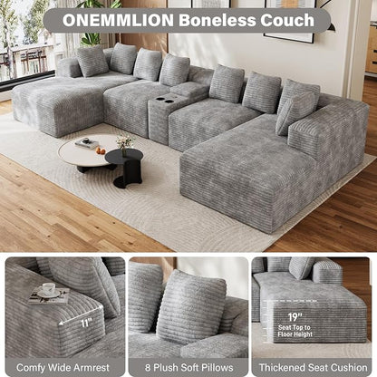 143" Oversized U Shaped Cloud Sectional Couches for Living Room, Comfy Fluffy Corduroy Grey Boneless Couch, Large Modular Sectional Sofa Set with Chaise, Cup Holder, USB Port, Storage Console