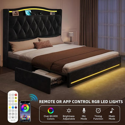 DWVO Queen Size Bed Frame with 4 Storage Drawers and RGB LED Lights, 57'' Tall Headboard Velvet Upholstered Bed with Charging Station, No Box Spring Needed, Easy Assembly, Noise-Free, Black