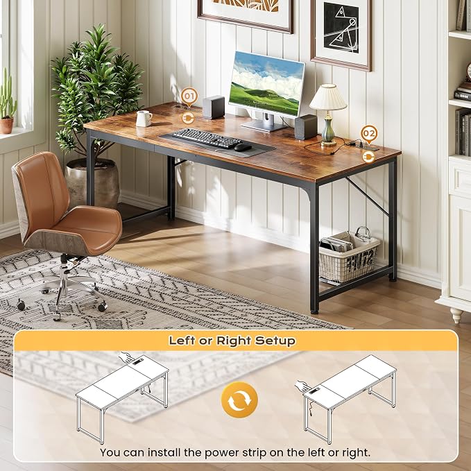 PRAISUN 63 X 30 Inch Extra Deep Desk with Power Outlets | Long Computer Desk for Bedroom, Office Desk for Work from Home, Writing Study Gaming Table, Stable Metal Frame, Rustic Brown