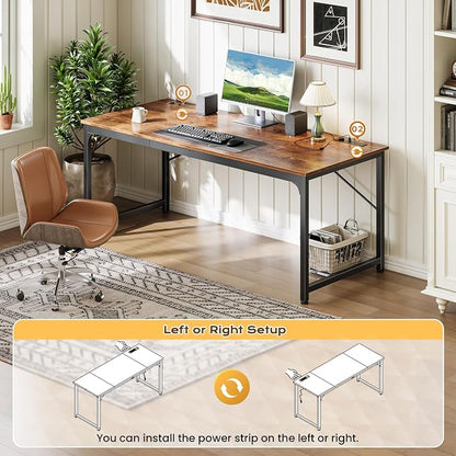 PRAISUN 63 X 30 Inch Extra Deep Desk with Power Outlets | Long Computer Desk for Bedroom, Office Desk for Work from Home, Writing Study Gaming Table, Stable Metal Frame, Rustic Brown