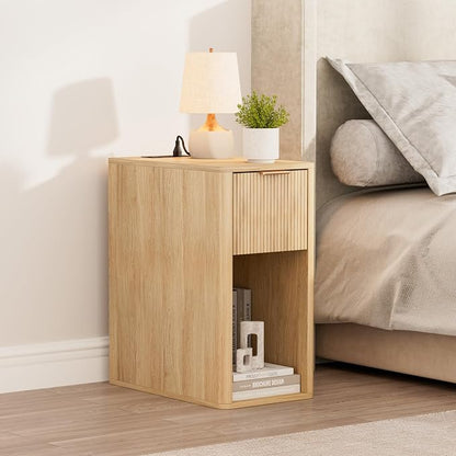 Homleke Narrow End Table with Fluted Drawer and Charging Station, Small Nightstand with USB Ports & Outlets, Bedside Table for Bedroom or Living Room, Modern Accent Table, Natural
