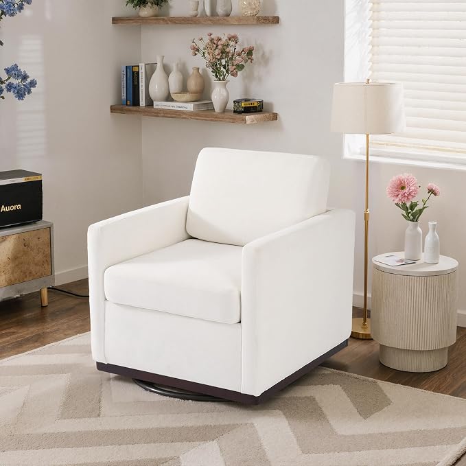 360° Swivel Accent Chair, 31" Wide Upholstered Club Armchairs for Living Room, Comfy Square Swivel Barrel Chair with Metal Base, Chenille Fabric, Beige