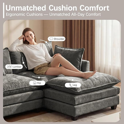 Modular Sectional Sofa for Living Room, 102" Oversized Cloud Couch with Movable Ottoman, 4 Seat Modern Comfy Sofa Chenille Deep Seat Couches with L Shape, for Office Bedroom Living Room