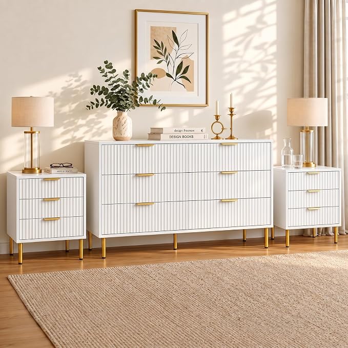 White and Gold Bedroom Furniture Set, 3 Piece Fluted Dresser and Nightstand Set with Gold Handles, 47" Dresser and Two 24" Bedside Tables