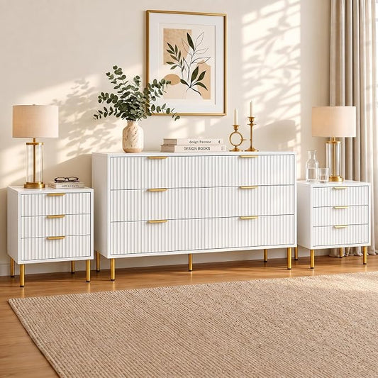 White and Gold Bedroom Furniture Set, 3 Piece Fluted Dresser and Nightstand Set with Gold Handles, 47" Dresser and Two 24" Bedside Tables