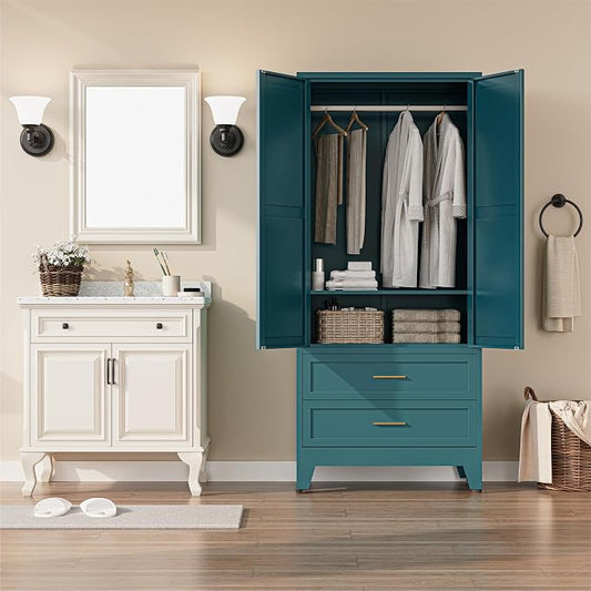 Metal Wardrobe Closet Cabinet with Drawers,71" H Large Bedroom Armoires with Shelves and Hanging Rod,Wardrobe Storage Cabinet with 2 Doors, 1 Adjustable Shelf and Drawers (2Drawer, Blue)