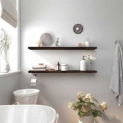 YYWUOJJ Wood Floating Shelves for Wall Decor, Rustic Wall Shelves for Bedroom Bathroom Kitchen Living Room, Set of 4 Walnut 36 Inch