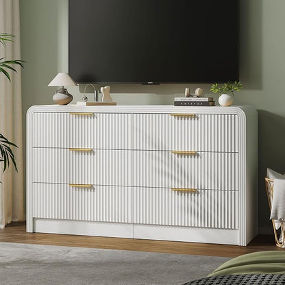 Decofy Fluted Drawers Dresser for Bedroom, Wood Dressers with Gold Handles, Modern Dressers with Wave Texture, Large Storage Chest of Drawers, Bedroom Dresser Organizer 55'' & 6 Drawers (Pure White)