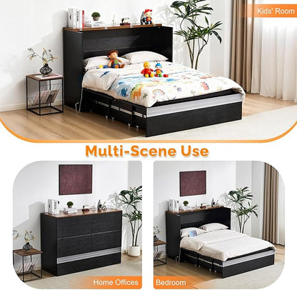 VINGLI Full Size Murphy Bed with Storage Drawer,Smart LED Lighting,Built-in 2 Charging Stations, Space-Saving Cabinet Bed for Kids,Adults & Guests,Classic Black