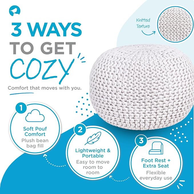 BIRDROCK HOME Round Pouf Ottoman Foot Rest - 18.5”x18.5”x15” Boho Compact Comfortable Soft Cotton Braided Foot Stool with Bean Bag Filling for Living Room, Bedroom, or Nursery (Ivory)