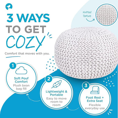 BIRDROCK HOME Round Pouf Ottoman Foot Rest - 18.5”x18.5”x15” Boho Compact Comfortable Soft Cotton Braided Foot Stool with Bean Bag Filling for Living Room, Bedroom, or Nursery (Ivory)