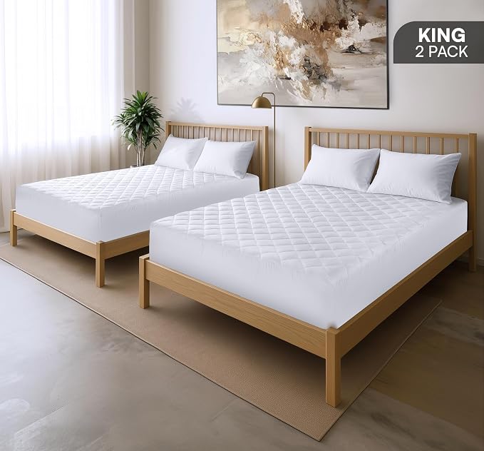 Quilted Fitted Mattress Pad 2 Pack, King Mattress Protector Topper with Deep Pocket Stretches up to 16 Inches, Machine Washable Mattress Cover by Utopia Bedding (White)