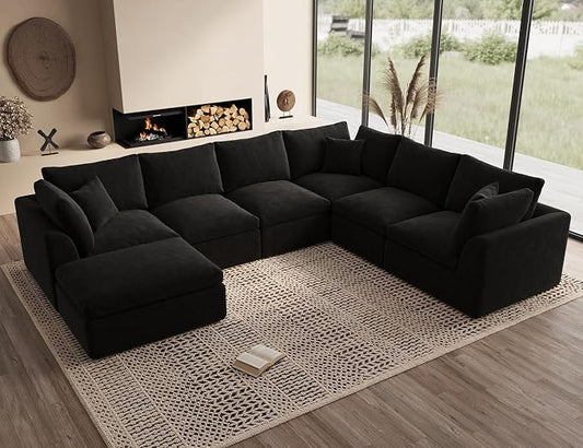 ohllob Oversized Sectional Couches for Living Room, Cloud Boneless Couch, 7 Seater Large Modular Sectional Sofa, Black