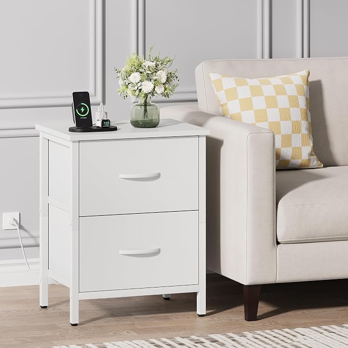 Vagusicc Nightstand Set of 2 with Charging Station, End Table Bedside Table with Power Outlet & USB Ports, Side Table with 2 Fabric Drawers for Bedroom, Living Room, White