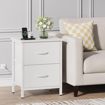 Vagusicc Nightstand Set of 2 with Charging Station, End Table Bedside Table with Power Outlet & USB Ports, Side Table with 2 Fabric Drawers for Bedroom, Living Room, White