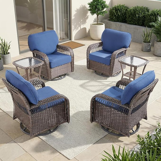 Belord Luxury Patio Furniture Set with 5-inch Thick Cushion, Outdoor 3-seat Sofa and High Back Swivel Rocker Patio Chairs and Ottoman, 6PCS Wicker Conversation Set for Deck Yard and Poolside,Blue