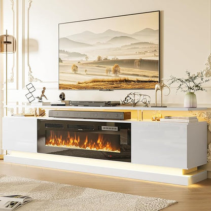 70" Fireplace TV Stand, Modern Entertainment Center for TVs Up to 80", TV Console with Storage Cabinets, Media Console for Living Room, WI-FI Enabled White TV Stand and Black Fireplace