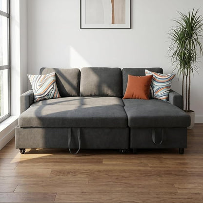 Pull Out Couch, L Shaped Sectional Couch with Pull Out Bed, Convertible Sofa Bed with Storage Chaise, Queen Size Sleeper Sofa, Sofa Bed Couch, Sleeper Sofa with Storage, Dark Gray