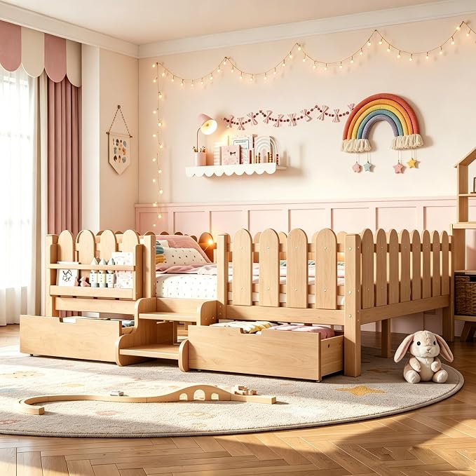 Bellemave Queen Size Platform Bed with Storage Drawers & Bookshelf for Boys Girls, Kids Queen Bed Frame with LED Lights & Stairs for Children's Room, Natural
