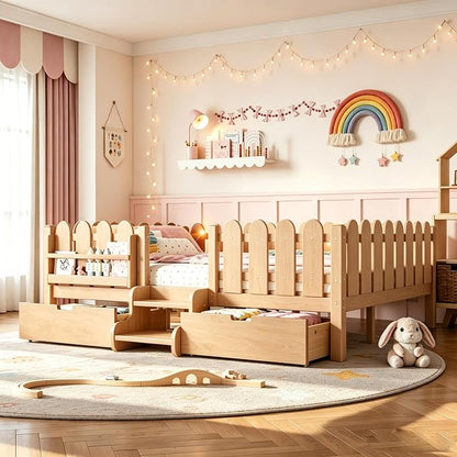 Bellemave Queen Size Platform Bed with Storage Drawers & Bookshelf for Boys Girls, Kids Queen Bed Frame with LED Lights & Stairs for Children's Room, Natural
