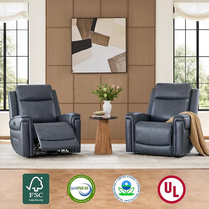 Watson & Whitely Super Zero Gravity Power Recliner Chair with Power Headrest, Genuine Leather Recliner with USB & Type-C Ports, Electric Reclining Sofa Chair for Living Room, Bedroom, Navy Blue