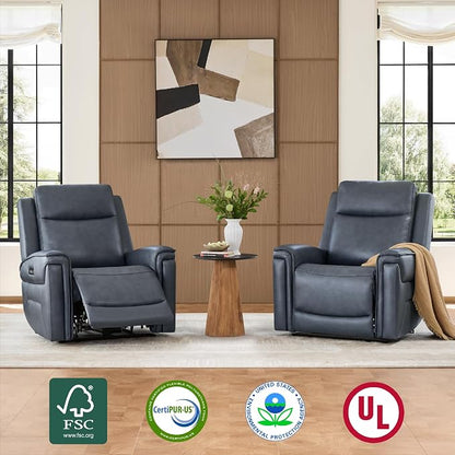 Watson & Whitely Super Zero Gravity Power Recliner Chair with Power Headrest, Genuine Leather Recliner with USB & Type-C Ports, Electric Reclining Sofa Chair for Living Room, Bedroom, Navy Blue