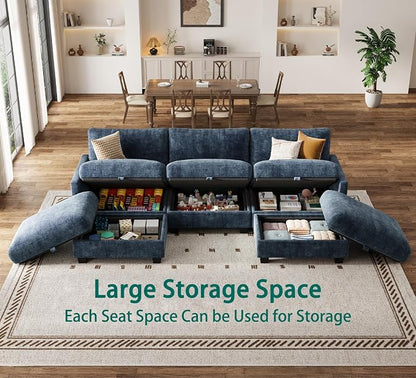 Modular Sectional U Shaped Sofa Couches for Living Room, Cloud Couch with Storage Ottoman, Comfy Chenille Sofa with Pillow, Blue